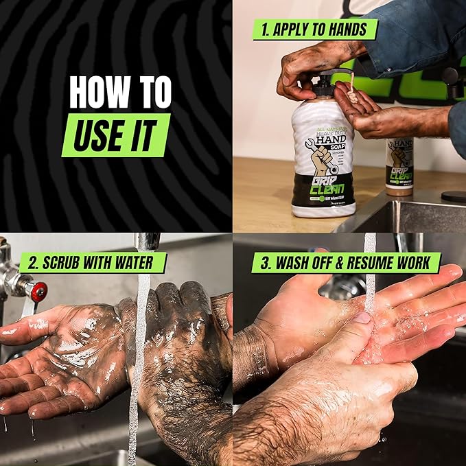 Grip Clean Heavy Duty Hand Cleaner for Mechanics – Natural Pumice & Clay-Infused Technology Removes Grease, Oil & Grime – Moisturizing Liquid Hand Soap for Shop, Garage & Industrial Use – 32oz