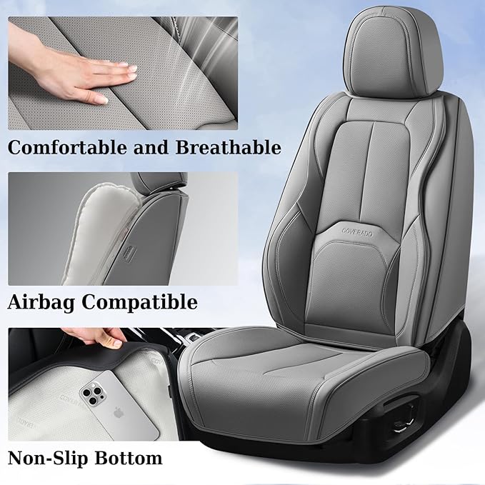 Coverado Seat Covers, Car Seat Covers Front Seats, Premium Nappa Leather Seat Covers for Cars, Waterproof Car Seat Protector with Lumbar Support, Front Seat Covers Universal Fit for Most Cars (Gray)