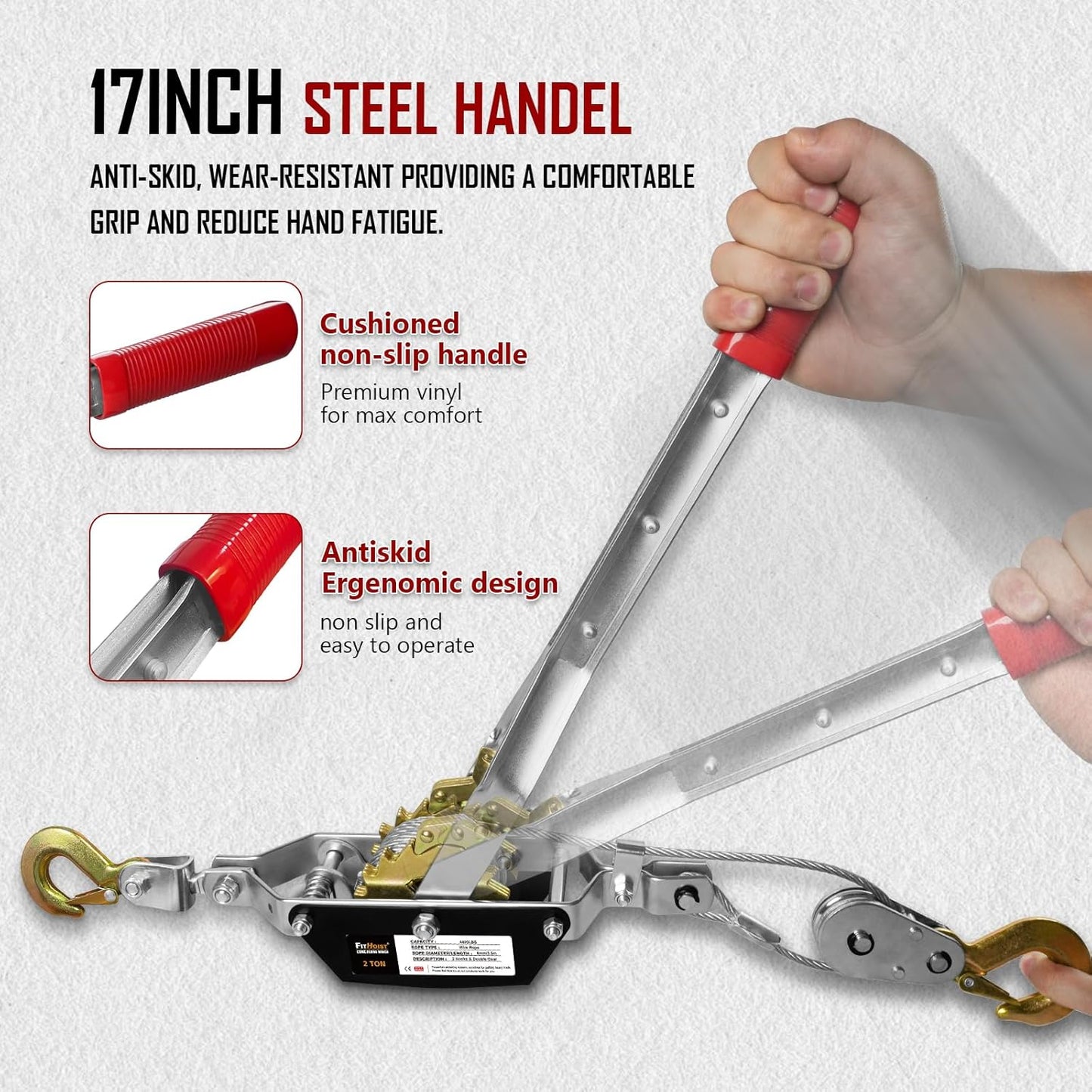 Come Along Winch 2T,Pulling Capacity 12 FT Steel Cable 2 Hooks,Heavy Duty Come Along Tool with Dual Gears,Heavy Duty Hoist Cable Puller for Vehicle Rescue