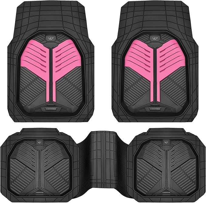 CAR PASS Heavy Duty Rubber Car Mats, Deep Dish Car Floor Mats All Weather, Car Mats Full Set 3-Piece Trim to Fit for Sedans SUVs Trucks,Women Waterproof Anti-Slip Automotive Mats, V12 Black and Pink