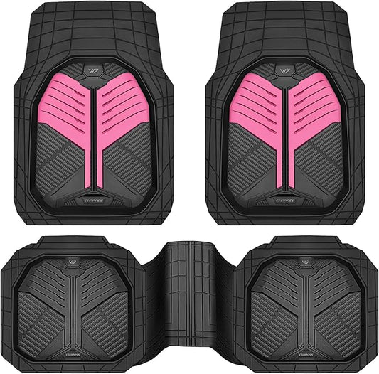 CAR PASS Heavy Duty Rubber Car Mats, Deep Dish Car Floor Mats All Weather, Car Mats Full Set 3-Piece Trim to Fit for Sedans SUVs Trucks,Women Waterproof Anti-Slip Automotive Mats, V12 Black and Pink