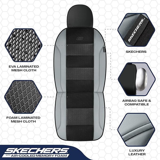 Skechers Aircooled & Memory Foam Car Seat Covers,Premium Leather with EVA Mesh Seat Covers, Front car seat Protector, Airbag Compatible, Automotive Comfort for Most Cars, Vans, Trucks, SUV,Gray