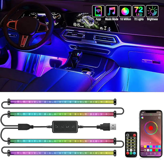 Nilight 72 LED USB Interior Strip Lights Dream Color RGB-IC 12V DC with App RF Remote Control Multicolor Footwell Under Dash Chasing Inside Light Kits 2 Lines Music Sync Mode for Cars Truck ATV UTV