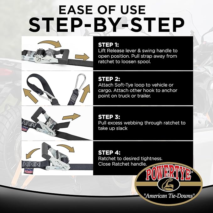 PowerTye 1.5 inch x 6.5ft Heavy Duty Ratchet Tie Down Straps with Carabiner Hooks & Sewn-in Soft-Tye, for Motorcycle, ATV, Trailer & Cargo - 1,000 lb WLL - Made in USA - Silver/Black Pair