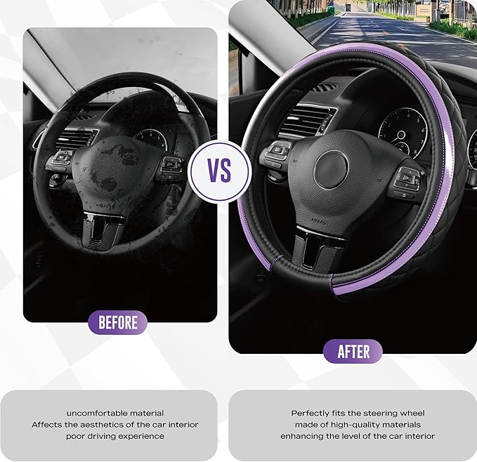 Road Comforts Leather Steering Wheel Cover – Black & Purple, Universal Fit 14.5-15 Inch, Microfiber Leather, Anti-Slip & Breathable Design for Men and Women
