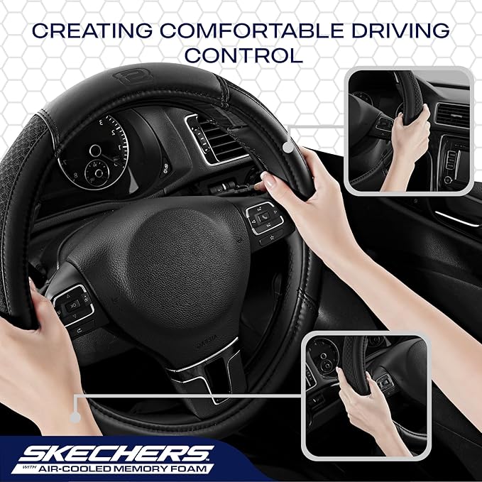 Skechers Air-Cooled Steering Wheel Cover,Leather Car Steering Wheel Cover Universal Fit 14" 1/2-15" Car Wheel Protector for Men Women Fit Suvs,Vans,Sedans,Car,Trucks,Black