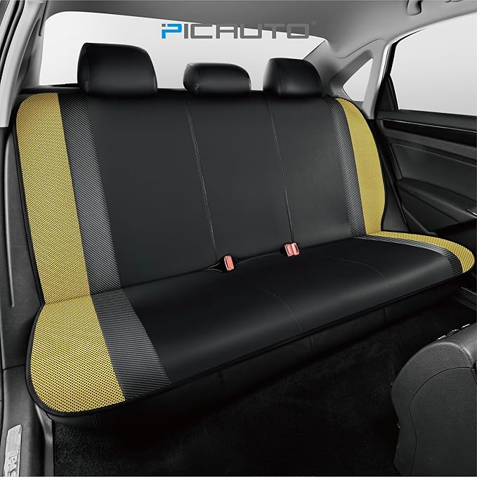 PIC AUTO Leather Car Seat Covers, Sports Carbon Fiber & Mesh Design, High-Back Front & Rear Full Set, Waterproof Automotive Seat Covers, Airbag Compatible, Universal Fit for Most Cars (Black & Yellow)