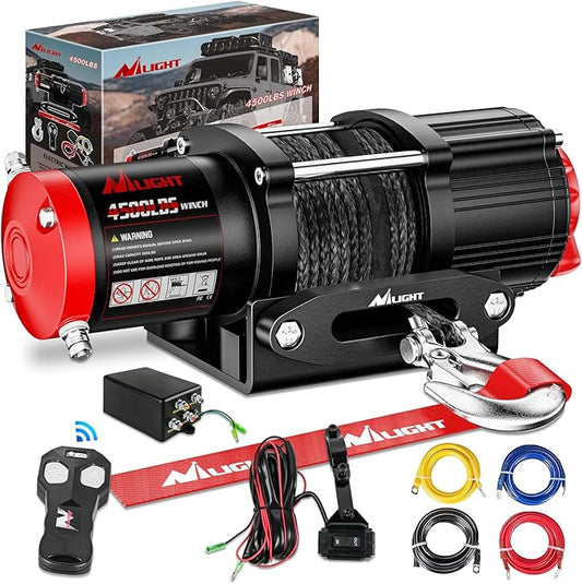 Nilight ATV UTV Electric Winch 12V 4500 lb Winches for Towing Trailer Truck Jeep Off Road Portable Waterproof IP67 Winch with Synthetic Rope Wireless & Wired Remote Control Hawse Fairlead Mount Plate
