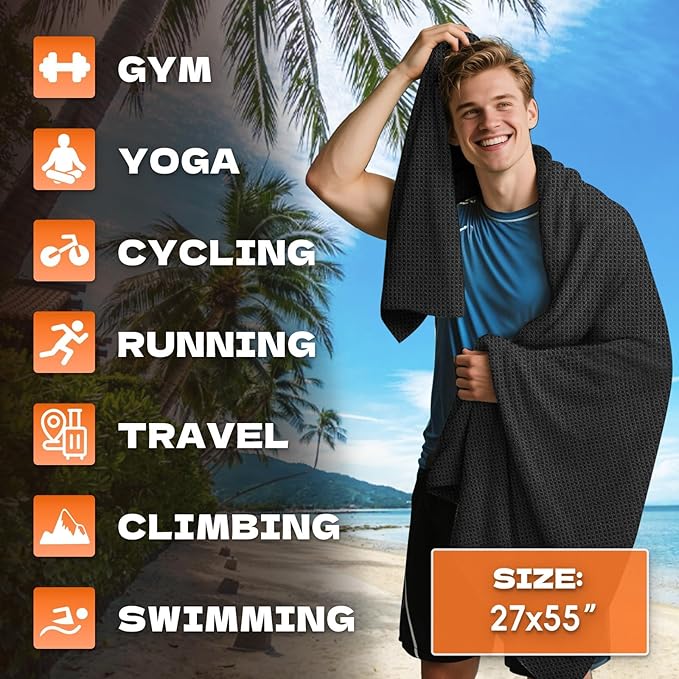 Microfiber Sweat Towel Quick Dry Lightweight Absorbent 3 Pack，Fast Drying 27‘’ X 55‘’ Negative Ions Odorless Gym Towels for Men & Women Yoga Sports Travel Outdoor Camping Gym (Large Black)