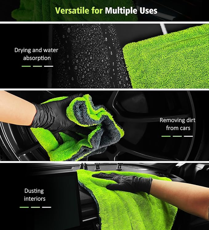 YeewayVeh 2-Pack Car Drying Towels, 16"x 16" Microfiber Drying Towel for Car Detailing, 1400 GSM High Absorbent Edgeless Streak Free Car Wash Drying Towels for Car Truck SUV, Green&Gray