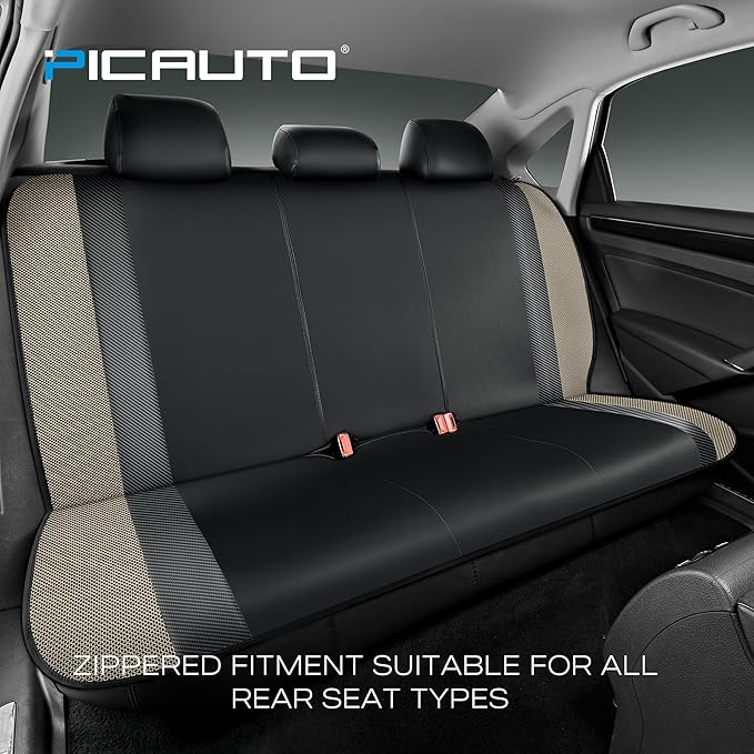 PIC AUTO Leather Car Seat Covers, Sports Carbon Fiber & Mesh Design, High-Back Full Set, Waterproof Automotive Seat Covers, Airbag Compatible, Universal Fit for Cars, SUVs, Trucks (Black & Beige)