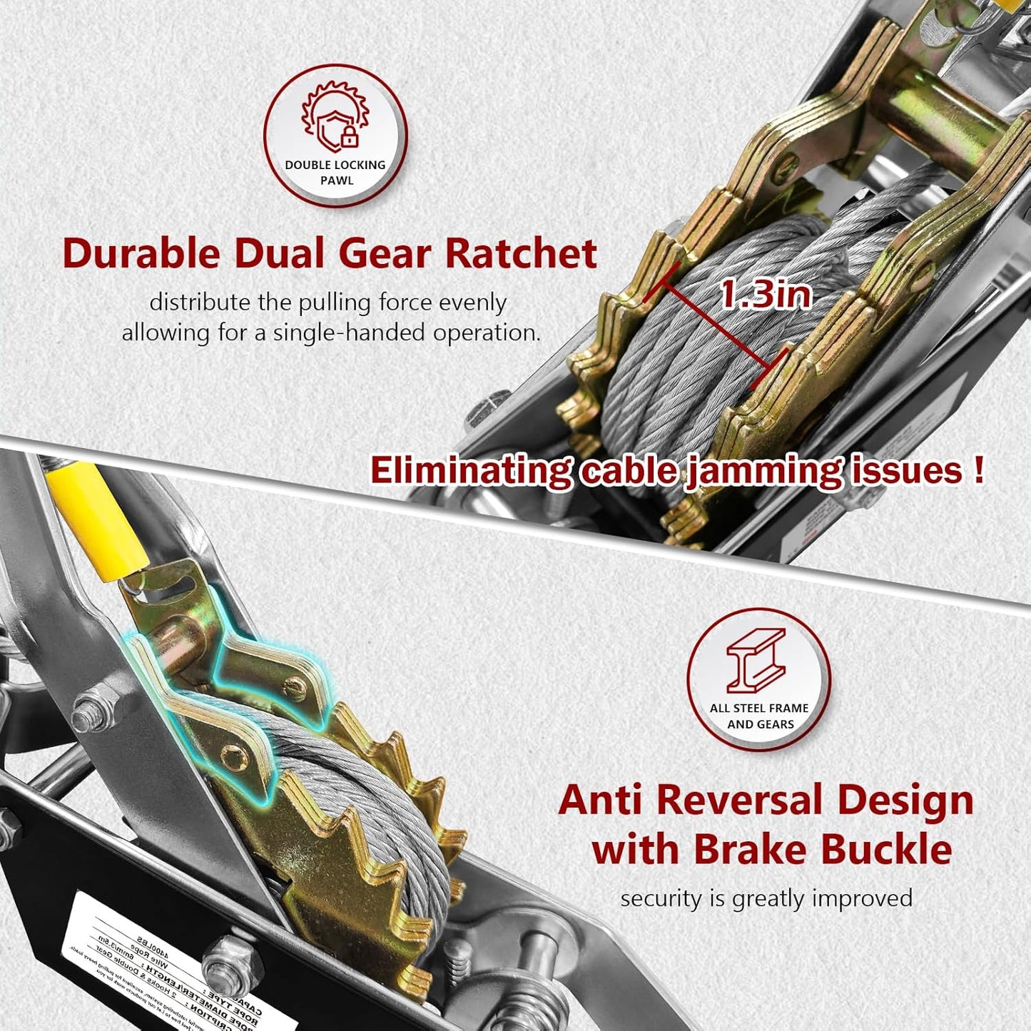 Come Along Winch 2T,Pulling Capacity 12 FT Steel Cable 2 Hooks,Heavy Duty Come Along Tool with Dual Gears,Heavy Duty Hoist Cable Puller for Vehicle Rescue