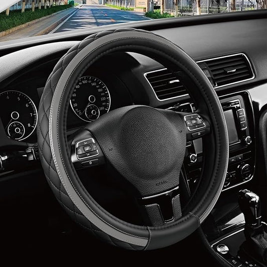 Road Comforts Leather Steering Wheel Cover – Black & Gray, Universal Fit 14.5-15 Inch, Microfiber Leather, Anti-Slip & Breathable Design for Men and Women