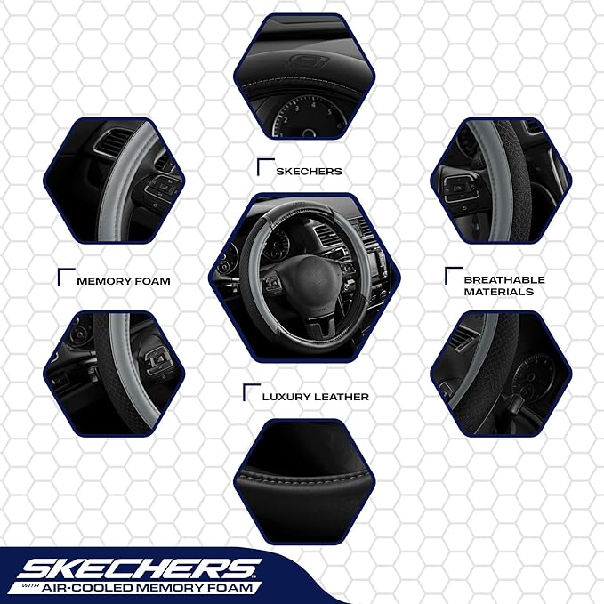 Skechers Air-Cooled Steering Wheel Cover,Leather Car Steering Wheel Cover Universal Fit 14" 1/2-15" Car Wheel Protector for Men Women Fit Suvs,Vans,Sedans,Car,Trucks,Gray