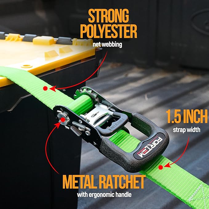 FORTEM Ratchet Tie Down Straps, 5208lb Break Strength, 4 Pack 10ft x 1.5in Heavy Duty Straps, 4 Soft Loops, Cam Buckles for Motorcycles, Safety Lock S Hooks, Carry Bag