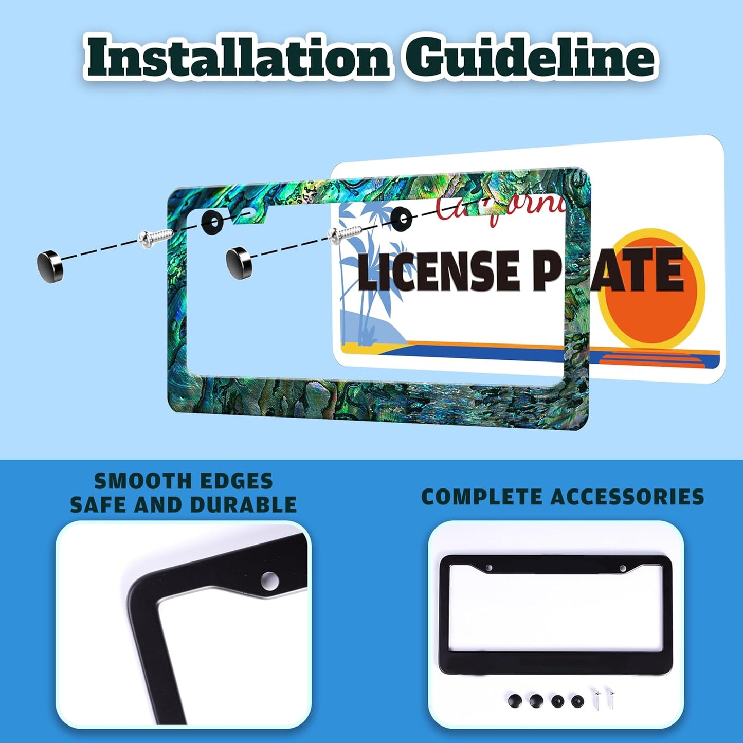 Faux Abalone License Plate Frame Funny Stainless Steel License Plate Holder for Front or Rear Car Tags for Car Decoration Accessories Rust-Proof with Screws 6.3 X 12.2 in for Women Men