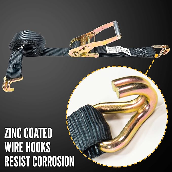 US Cargo Control J Hook Ratchet Straps 2 Inch x 18 Foot (2-Pack), 10,000 LBS Break Strength, Heavy Duty Ratchet Straps with Double J-Hooks, Black Tie Downs for Trucks, Trailers, Securing Cargo