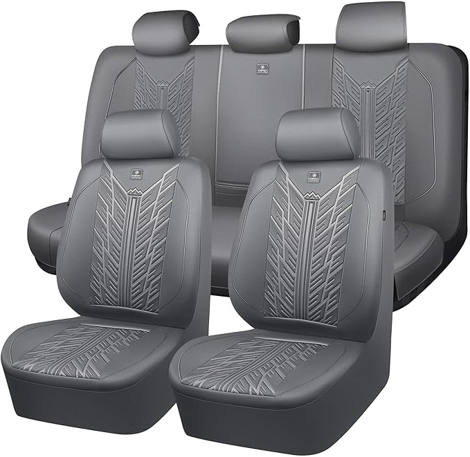 CAR PASS Waterproof Neoprene Seat Covers Full Sets, Wetsuit Car Seat Covers,All-Weather Non-Slip Durable,Universal Fit for Vans,Truck,SUV,3D Tyre Embossed Seat Covers with Airbag Compatible(All Gray)
