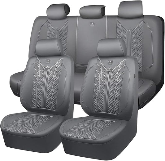 CAR PASS Waterproof Neoprene Seat Covers Full Sets, Wetsuit Car Seat Covers,All-Weather Non-Slip Durable,Universal Fit for Vans,Truck,SUV,3D Tyre Embossed Seat Covers with Airbag Compatible(All Gray)