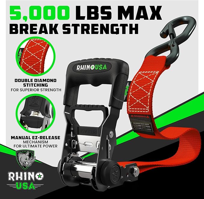 Rhino USA Ratchet Straps Heavy Duty Kit (4-Pack) - 1.6 Inch x 8 Feet Min Break Strength (5,000) - Ultimate Tie Down Straps with Safety S Hooks for Trucks, ATV, UTV, Motorcycle, Cargo & More - Black
