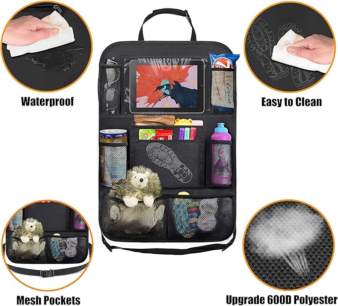 Car Backseat Organizer with 10" Table Holder, 9 Storage Pockets Seat Back Protectors Kick Mats for Kids Toddlers, Travel Accessories, 2 Pack
