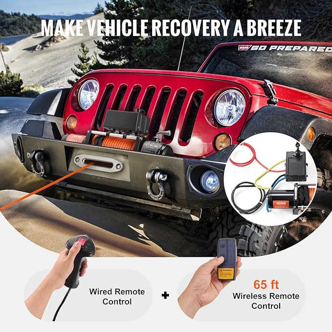 VEVOR Electric Winch, 10,000 lb Truck Trailer Jeep Winch, 12V DC 7/20 in x 65 ft Synthetic Rope Aluminum Fairlead Wireless & Wired Remote Control, IP55 Waterproof Towing for Off Road Jeep SUV Boat