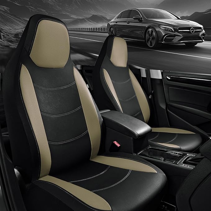 Road Comforts Car Seat Cover, Leather Seat Cover Full Set, Automotive Interior Seat Cover, Universal Fit for Most Cars, SUVs, Trucks, and Vans, Airbag Compatible (Beige)