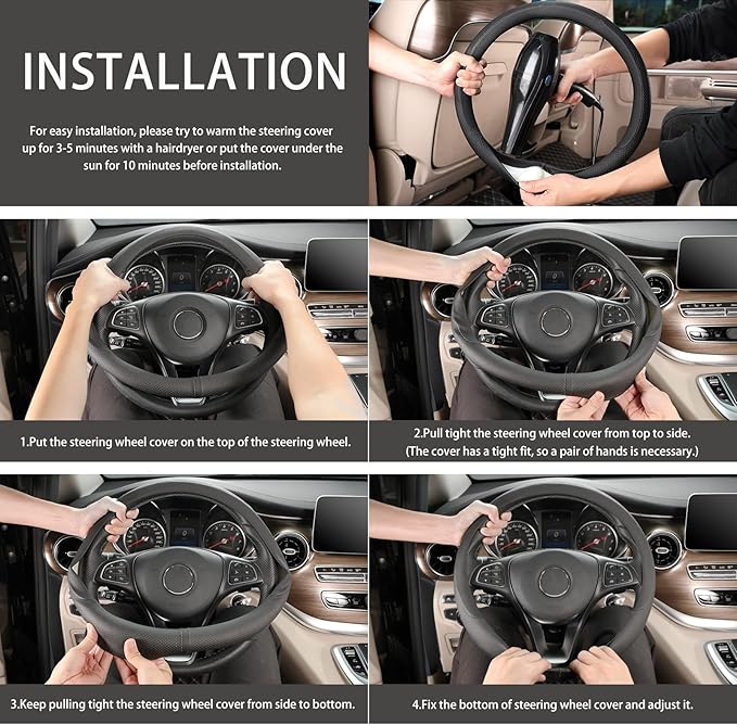 COFIT Breathable Car Steering Wheel Cover 16 inch Auto Universal Leather Wrap Non-Slip Protector Automotive Interior Accessories, Black (Suit for 15.5-16 inch)