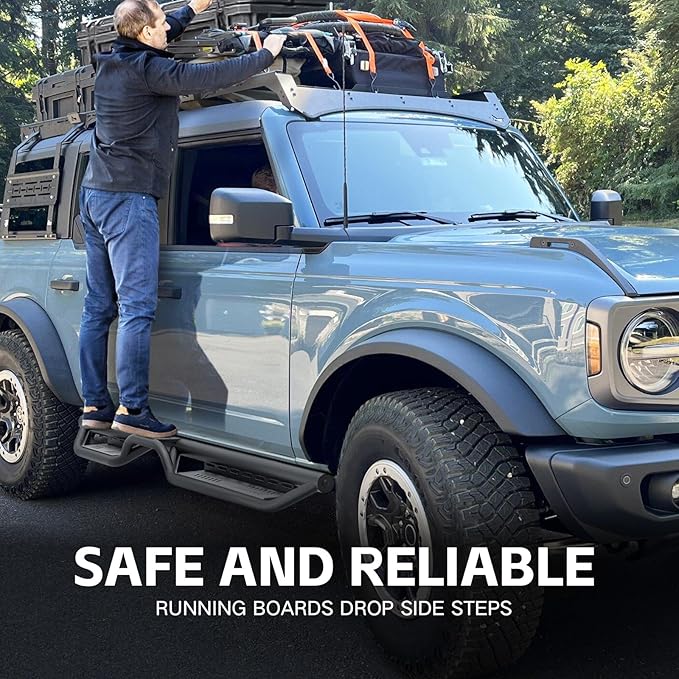 Running Boards Side Steps Compatible with 2021-2026 Ford Bronco 4 Doors (Not for Sport Model), Two Stairs Design Side Steps Heavy-Duty Steel Nerf Bars Bolt-on Step Plates Rock Sliders Rail