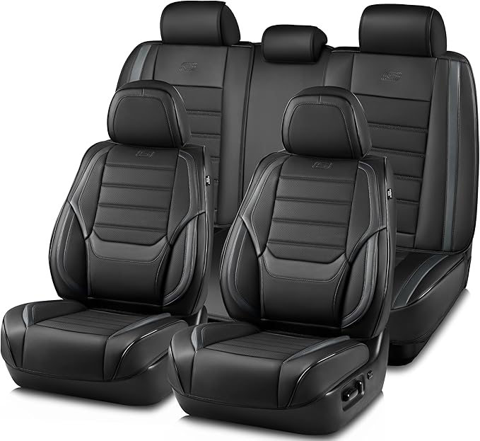 Skechers MAX Cushioning Seat Covers,Memory Foam Leather Car Seat Covers,Waterproof Car Seat Protector Full Sets,Car Seat Cushion Airbag Automotive Universal Fit for Most Cars,Vans,Trucks,SUV,Grey