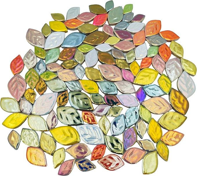 1.1LB Random Iridescent Leaves Ceramics Mosaic Tiles, Making Creative 3 Size Ceramic Mosaic Pieces for DIY Craft,Flowerpots, Vases, Cups, Garden Decor Mosaic Making Supplies (Mix Color)