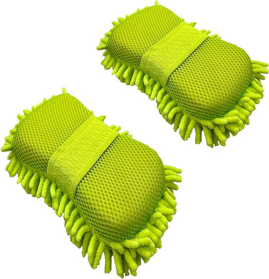 Microfiber Car Wash Sponge-Non-Scratch Wash Mitt-Two Sided Chenille Microfiber Washing Sponge-Mitt for Cars, Trucks, SUVs, Boats(2 Pack Green)
