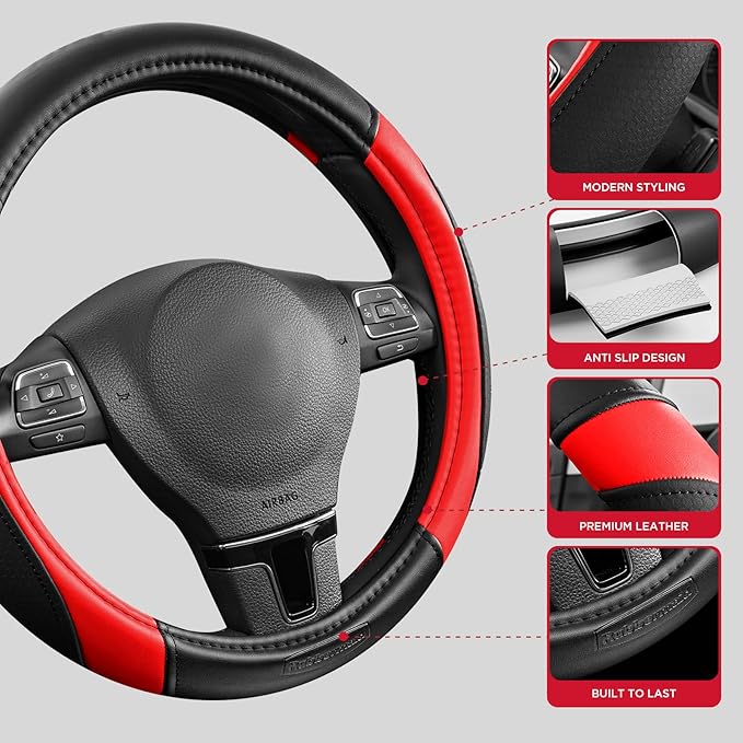 Rubbermaid Steering Wheel Cover – Universal Fit 14.5"–15" Steering Wheel Cover, Anti-Slip Grip, Breathable Leather, All-Season Protection, Interior Upgrade for Cars, Trucks, SUVs - Red