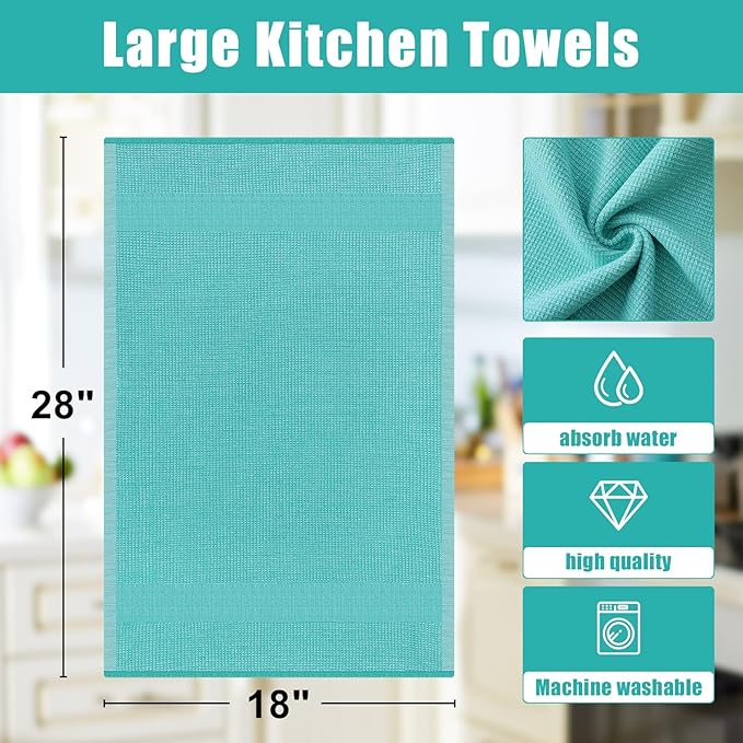 Homaxy Premium Kitchen Towels(18”x 28”, 6 Pack), Large Cotton Kitchen Hand Towels, Flat and Terry Dish Towels, 380 GSM Highly Absorbent Tea Towel Set with Hanging Loop, Teal