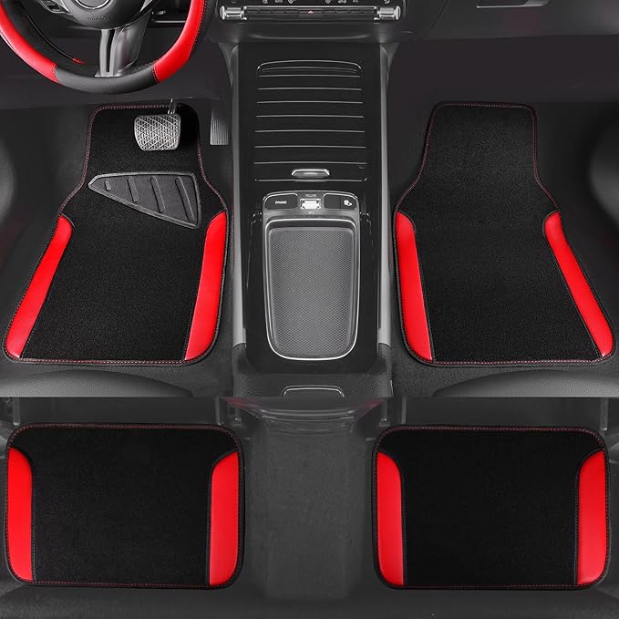 CAR PASS Faux Leather Steering Wheel Cover and Waterproof Car Floor Mats,Universal Car Combo Fit for 95% Sedan,SUV,Cars,14.5-15inch Sporty Anti-Slip Safety Comfortable Design(Black＆Red)