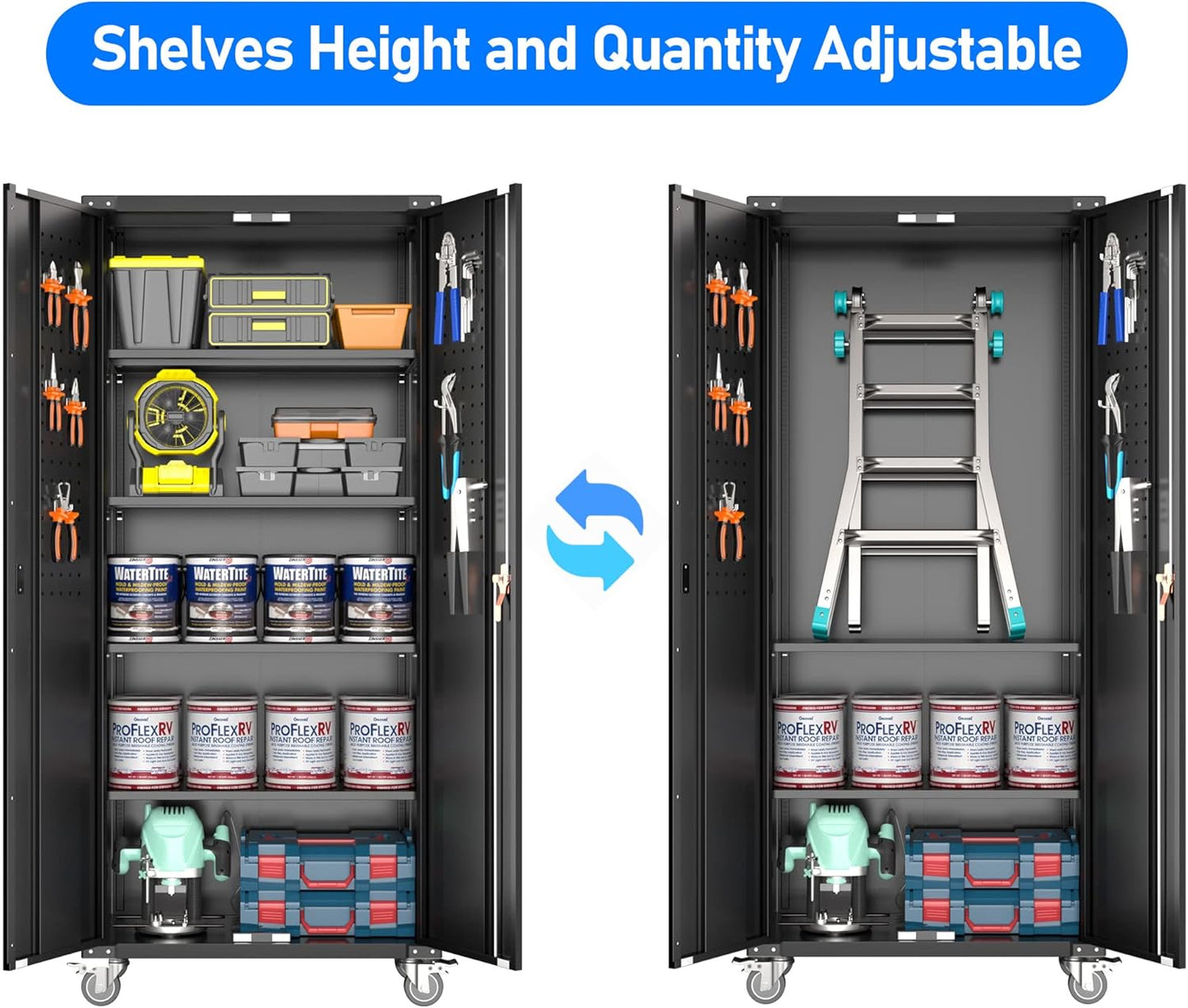 72" Metal Storage Cabinet with Wheels and Pegboard, Lockable Rolling Steel Storage Cabinet with 4 Adjustable Shelves and Door for Garage, Office, Kitchen, Assembly Required