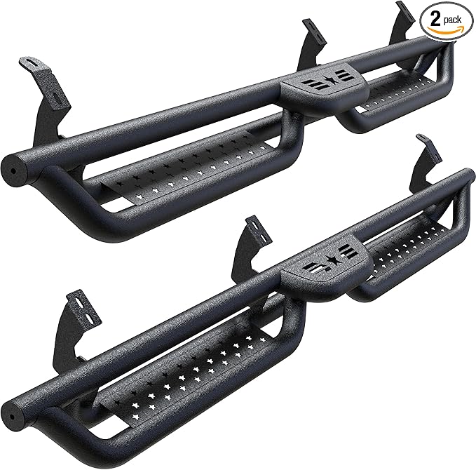 Running Boards Compatible with 2007-2021 Toyota Tundra Crewmax Cab 4 Full Size Doors, 6" 2-Stairs Side Step Rails Coated Black Carbon Steel Nerf Bars