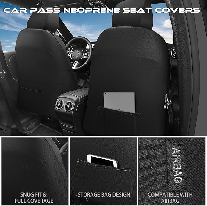 CAR PASS Waterproof Car Seat Covers Front Seats,Neoprene Seat Covers 3D Tyre Embossed,All-Weather Automotive Seat Cover Non-Slip Durable,Universal Fit for SUVs Cars Trucks, Airbag Compatible,Black Red