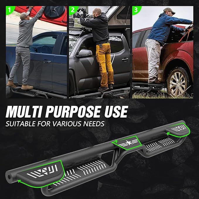 Three Raised Steps Running Boards CrewMax Cab Side Steps Compatible with 2022 2023 2024 2025 Toyota Tundra CrewMax Cab, Bolt-on Heavy-Duty Carbon Steel Nerf Bar Side Rails Rock Sliders