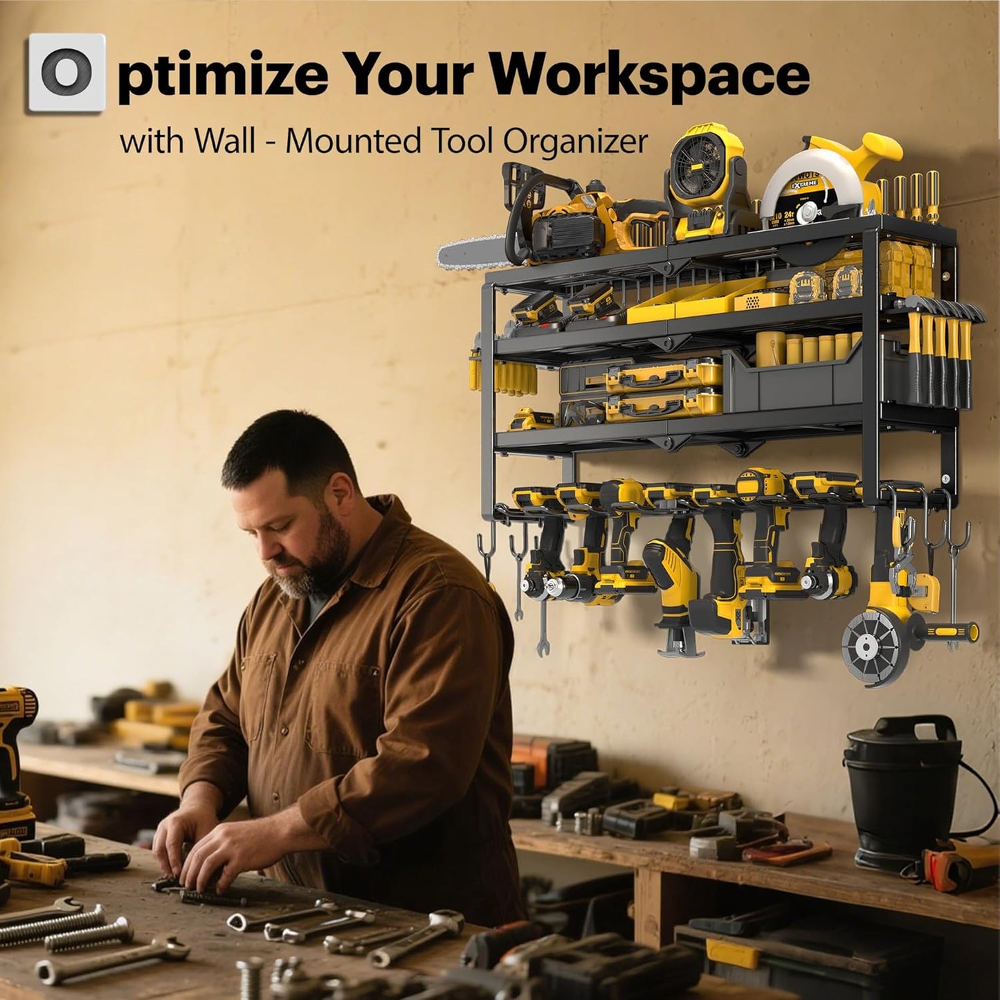 Large Power Tool Organizer Wall Mount, Maximum 420lbs Load Capacity, 4 Layers Heavy Duty Metal Tool Storage for Garage/Workshop/Shed, Utility Racks with 8 Cordless Drill Holder, Gift for Men