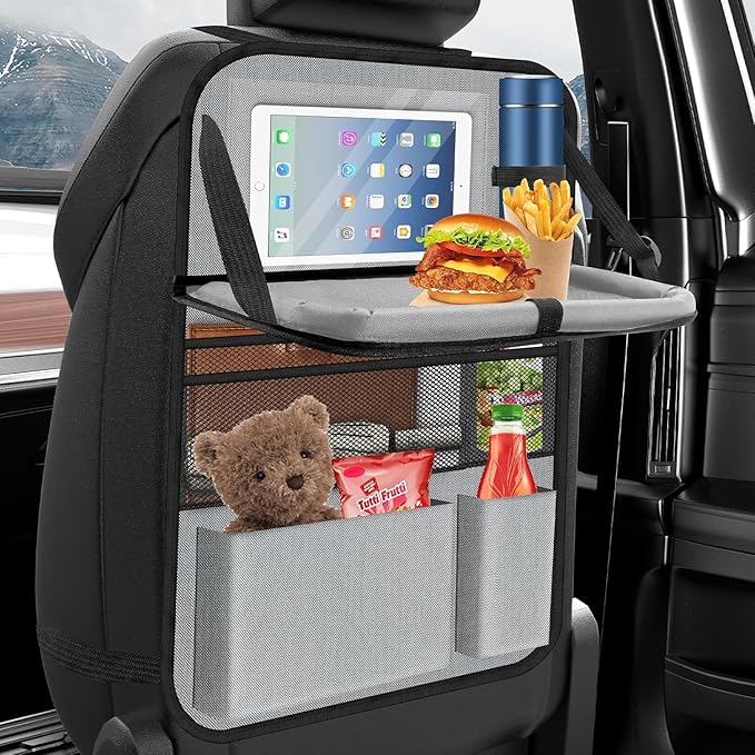 Car Backseat Organizer with table Tray, 9 Storage Pockets Backseat Car Organizer with Tablet Holder, Back seat Organizer for Kids Road Trip Essentials Travel (1Pack)