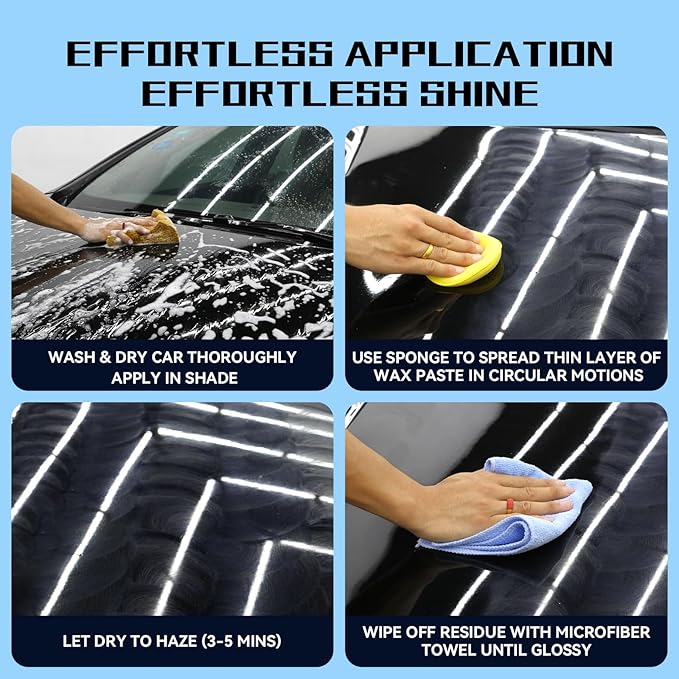 Black Car Wax Paste with Carnauba - Cera para Autos, Swirl Mark Minimizer & Gloss Enhancer for Dark Vehicles, Safe on Clear Coat, 180g Kit w/Applicator Sponge & Microfiber Towel