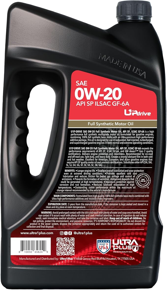 ULTRA 1PLUS SAE 0W-20 Full Synthetic Oil API SP ILSAC GF-6A - 0W20 Motor Oil, 5 Quarts Jug