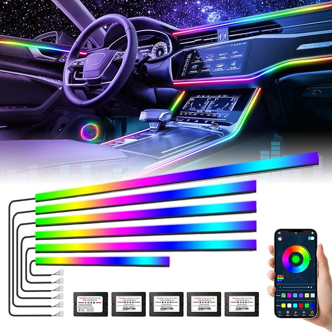 Dreamcolor Acrylic Interior Car Lights, AMKI Car LED Strip Light with Bluetooth APP, Car Ambient Lighting Kit with RGB 6 in 1 and 175 inches 593 LEDs, 16 Million Colors Sound Activated Car Neon Lights