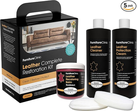 Furniture Clinic Leather Complete Restoration Kit | with Leather Recoloring Balm, Cleaner, 2-in-1 Protection Cream & Conditioner, Sponge, and Cloth | Repair Kit for Furniture (Bordeaux)