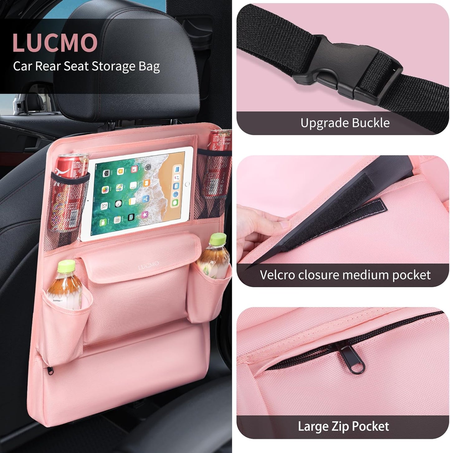 LUCMO Car Backseat Organizer with Touch Screen Tablet Holder,9 Storage Pockets Car Storage Organizer,Protectors Kick Mats Travel Accessories for Kids-Pink