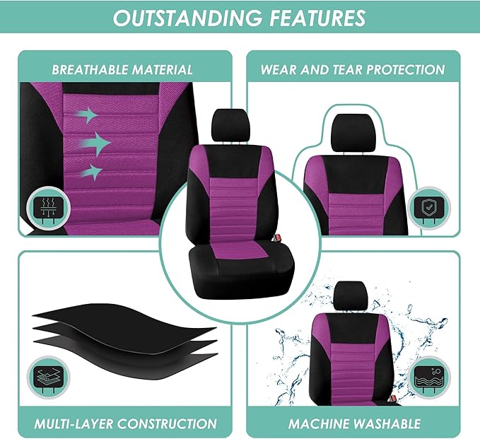 FH Group Automotive Car Seat Covers Full Set Premium 3D Air Mesh Front Seat Covers, Airbag Compatible & Split Bench Cover Universal Fit Interior Accessories for Cars Trucks and SUVs - Purple