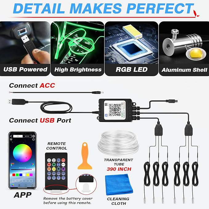 MICTUNING Car LED Interior Strip Light, 6 in 1 RGB Multicolor with 390 inches Fiber Optic Ambient Lighting Kits with Remote and APP Control, Car USB LED Strip Lights with Music Sync Mode