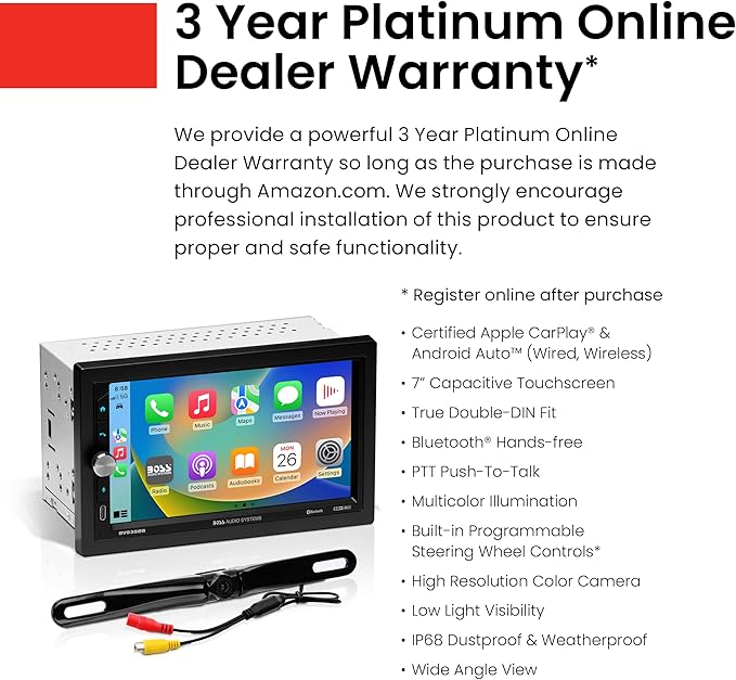 BOSS Audio Systems BVB9358RC Car Stereo – Wireless CarPlay Android Auto, Double Din, 7 Inch Touchscreen, Bluetooth, NO CD DVD Player, AM/FM Radio Receiver, Backup Camera, A/V Input, USB