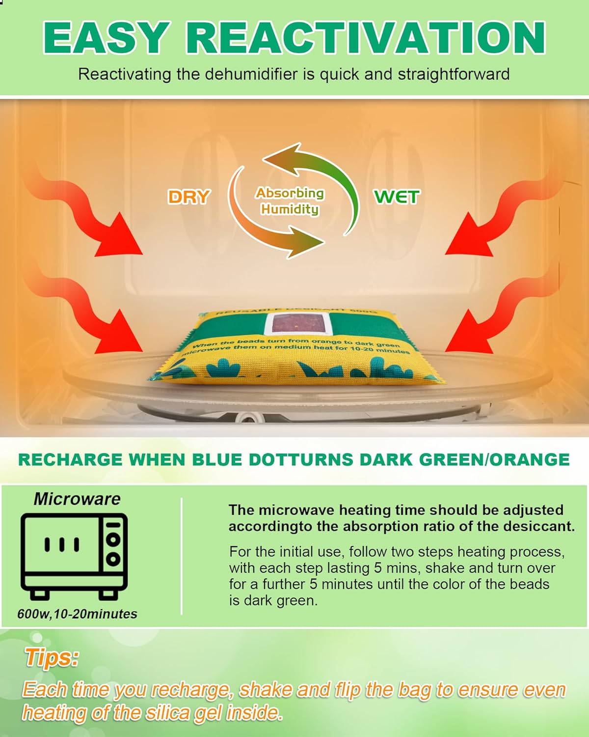 Rechargeable Desiccant Pack 6 x 500g, Moisture Absorber with Transparent Indicator Window, Desiccant Dehumidifier for Closet, Basement, Gun Safe, RV,Garage & Storage